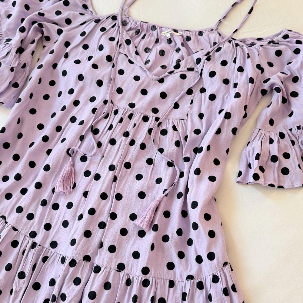 Tularosa Lavender Polka Dot Off Shoulder Dress XXS Tassel Tie Summer Coverup